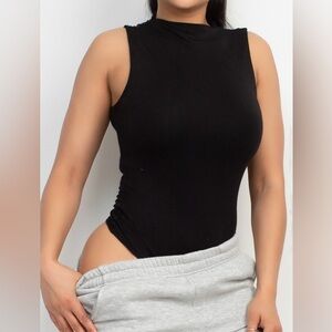 Double layered high neckline bodysuit in black